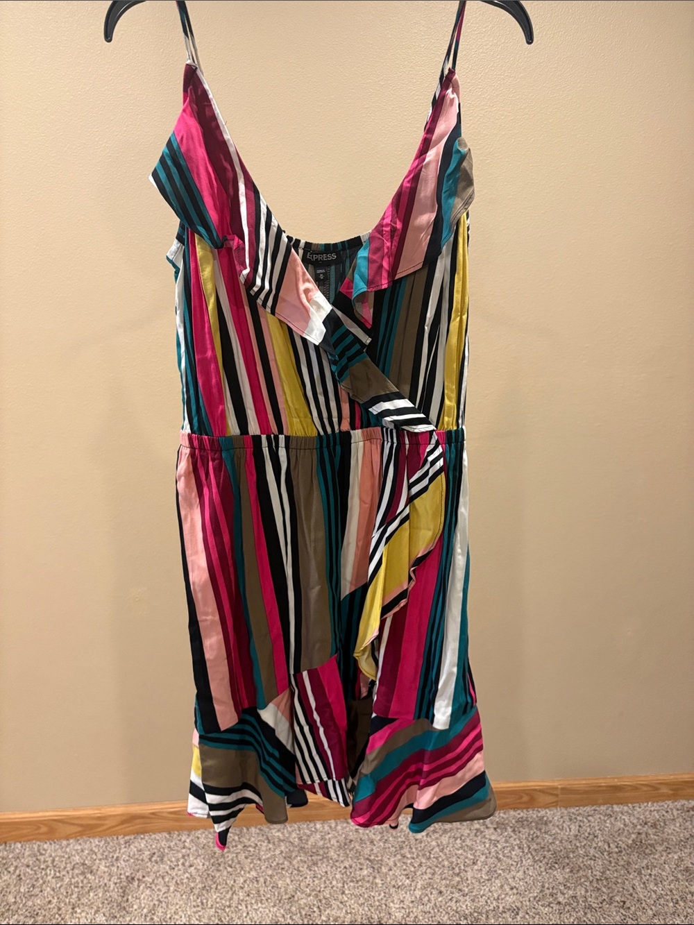 Express Pink Teal Yellow Black Multistripe Ruffle Sundress size medium